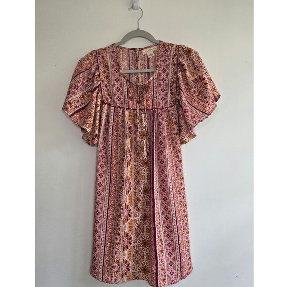 Band Band Of The Free Dress Women Small. Short Sleeve Boho Rust floral Peasant. - Picture 2 of 11